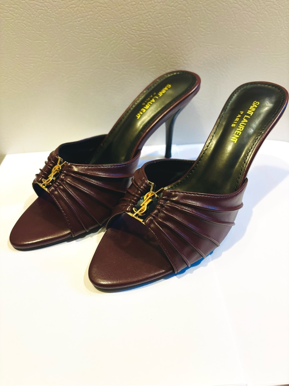 Saint Laurent Burgundy Leather Pleated Mule Heels with Gold YSL Accent